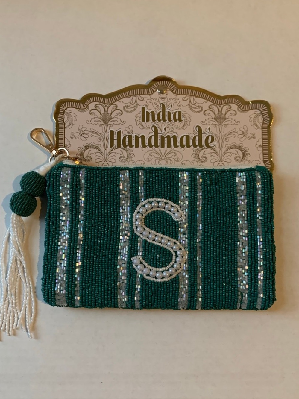Beaded Monogram S Zip Pouch in Blue and White - Made in India